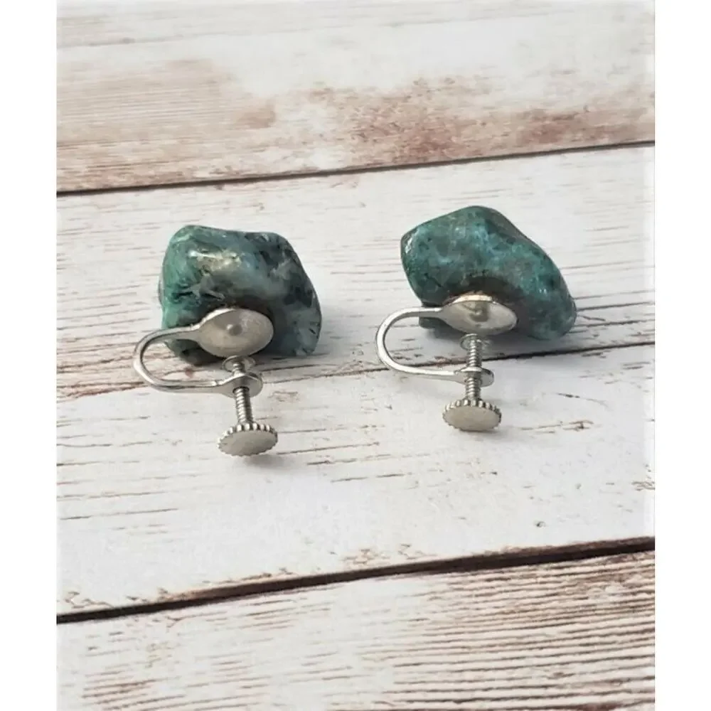 Vintage Screw On Earrings - Dark Teal Tones Stone